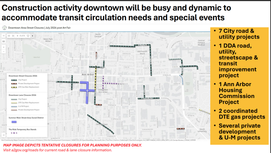 Map of upcoming construction projects for downtown Ann Arbor.