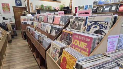 Shelves of records await customers at Moon Rock Records in Eugene, Ore.