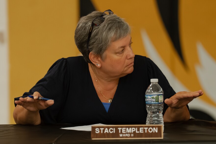 Festus City Councilwoman Staci Templeton votes to oppose a plan to develop a data center on Monday.