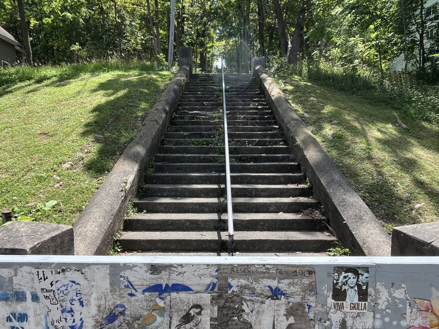 A barrier prevents (most ) people from using the crumbling Westminster Staircase off Euclid Ave.