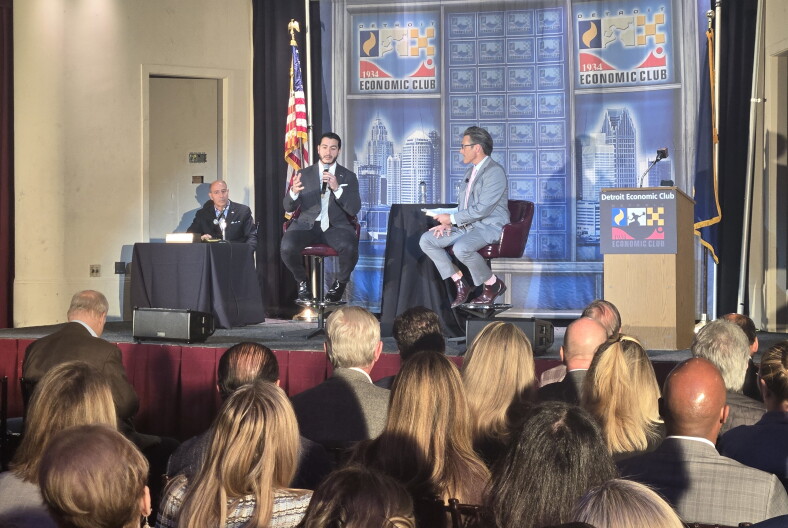 Michigan U.S. Senate candidate Abdul El-Sayed, a Democrat, speaks at the Detroit Economic Club forum on October 20, 2026.
