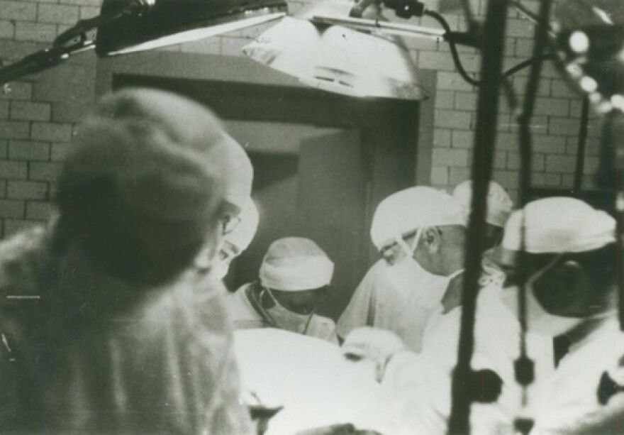 Dr. John Gibbon and surgeons at Jefferson Medical College Hospital in the operating room use Gibbon’s heart-lung machine to perform the world’s first successful open-heart surgery on Cecelia Bavolek on May 6, 1953.