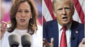 This combination of photos shows Vice President Kamala Harris, left, on Aug. 7, 2024 and Republican presidential candidate former President Donald Trump on July 31, 2024.