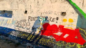 Graffiti painted on a wall at Ocean Beach in San Francisco calls tenants to go on a rent strike as millions of people find themselves in dire financial situations because of the pandemic and the lockdown. 