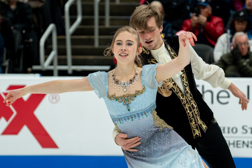 Leah Neset and Artem Markelov compete in the ice dance free skate during the 2026 U.S. Figure Skating Championships at the Enterprise Center on Saturday, Jan. 10, 2026, in St. Louis’ Downtown West neighborhood.