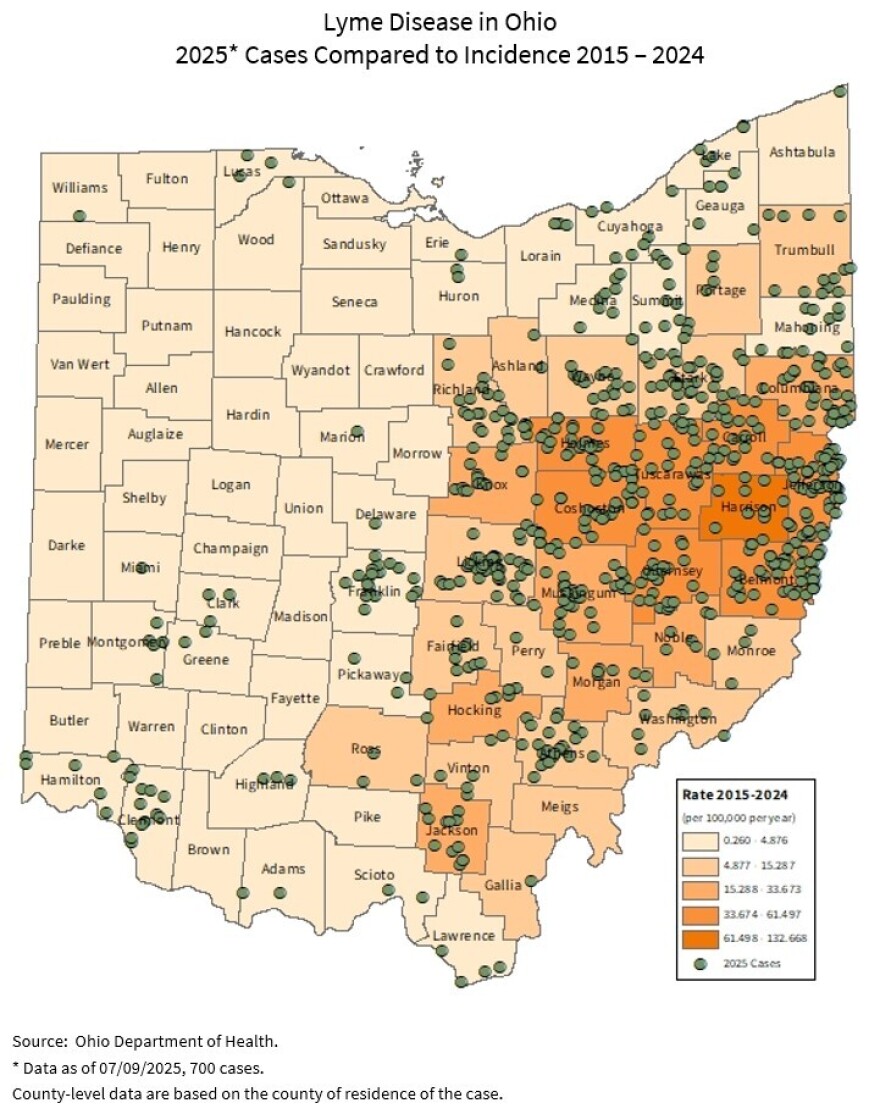 Map shows lyme disease cases in Ohio for 2025.