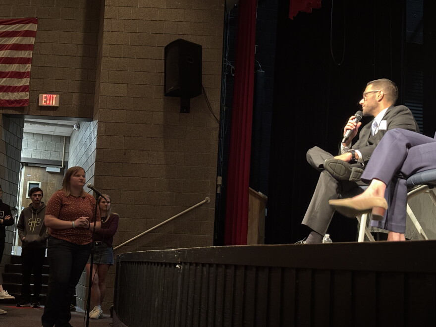 Minnesota Court of Appeals Judge Keala C. Ede answers a question from Pequot Lakes student Abby Thorson on Sept. 22, 2026, in the Pequot Lakes High School auditorium.