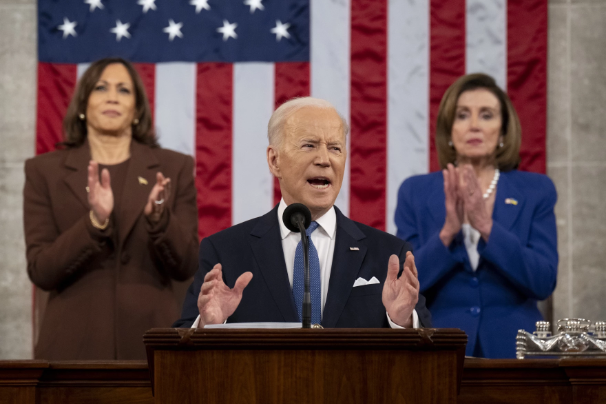 President Biden delivers the State of the Union address as Vice President Kamala Harris and House Speaker Nancy Pelosi (D-CA) look on last March.