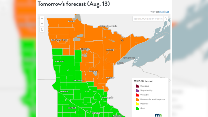 A map shows the expected air quality on Aug. 13, 2025, for Northern Minnesota will be unhealthy for sensitive groups.
