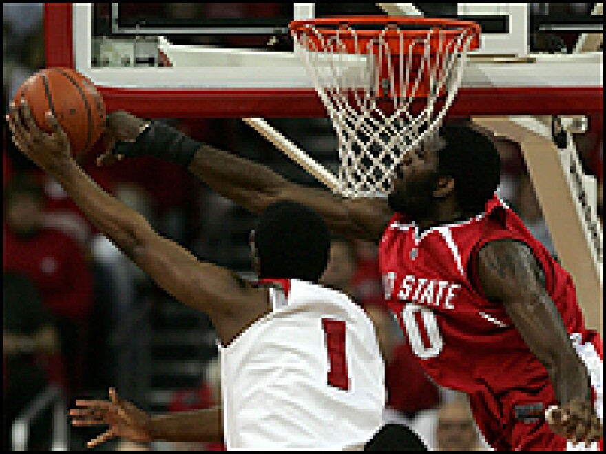 Without the new rule, Ohio State's Greg Oden (in red) would be blocking shots in the NBA.