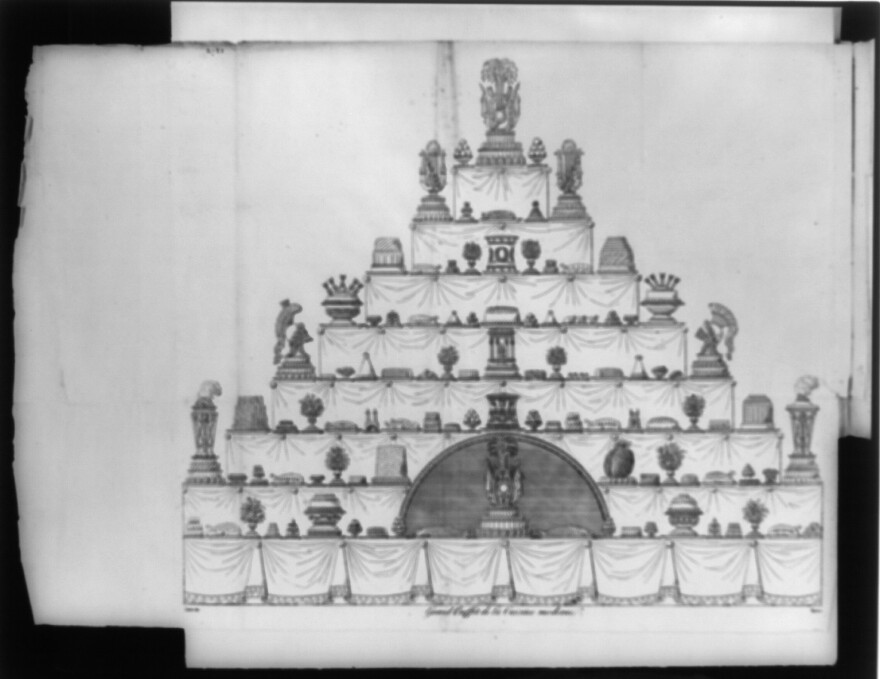 Carême shaped confections like different foods, helmets, Turkish mosques and Greek temples, among other things, on this 8-layer cake illustrated circa 1822.