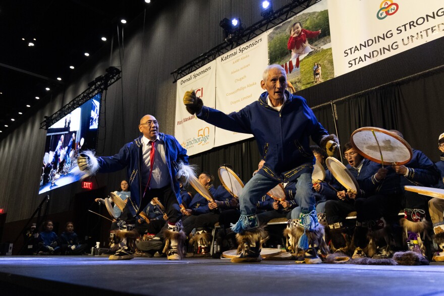 Herman Ahsoak and Ronald Aveoganna with the Barrow Dancers.
