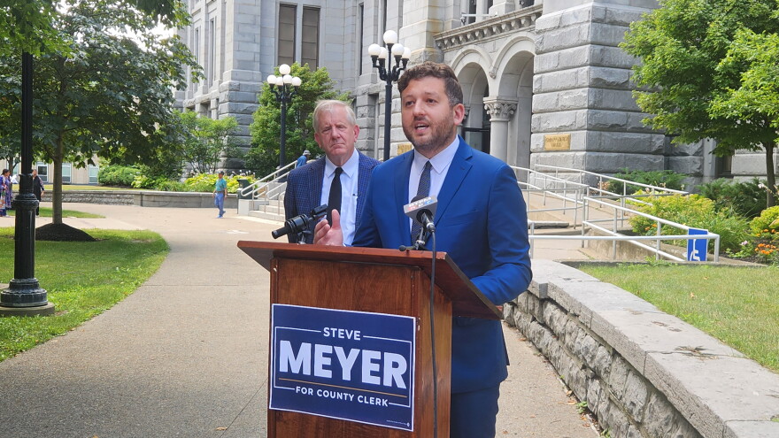 Williamsville Trustee Steve Meyer stands with Erie County Comptroller Kevin Hardwick and calls for an audit into the Erie County Clerk's office.