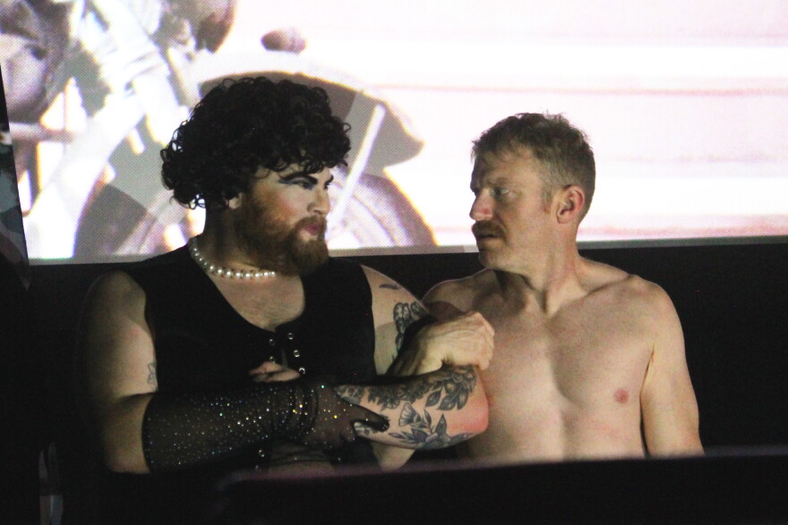 Logan Parks (left) and Bill Baker (right) portray Dr. Frank-N-Furter and Rocky in a shadow cast performance of "The Rocky Horror Picture Show" on Thursday, Oct. 29, 2026 near Soldotna, Alaska.