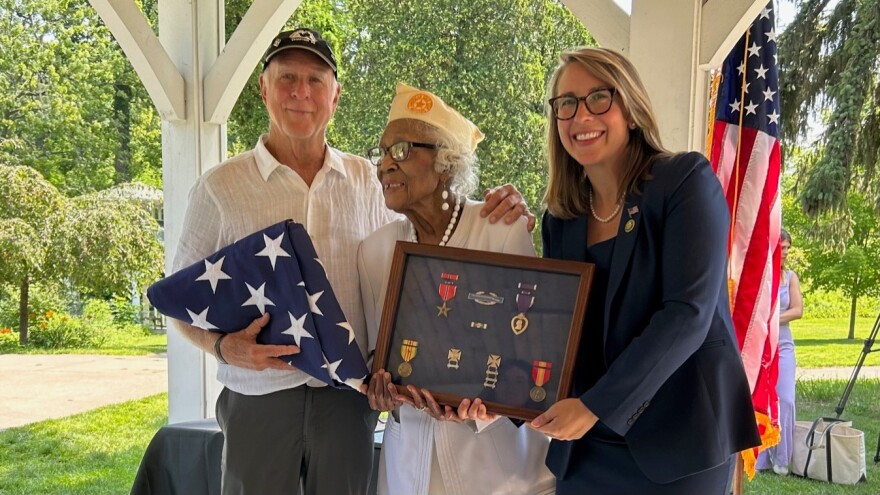 Tim "Naneek" Keenan, Lola Mondy, U.S. Rep. Hillary Scholten (D-Grand Rapids) at Michigan Veteran Homes at Grand Rapids