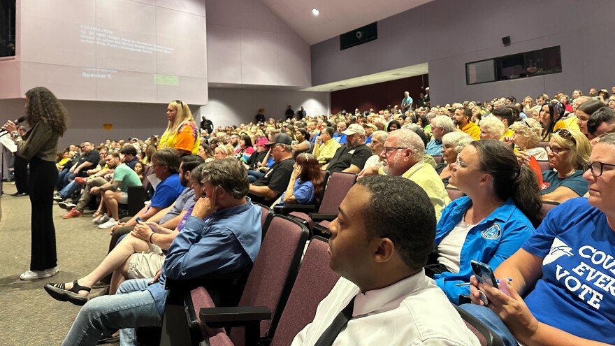 Hundreds gathered at Hernando High School's Performing Arts Center to speak at Tuesday's school board meeting. The meeting lasted into the early hours of Wednesday morning.