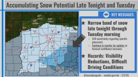 Snow will accumulate in a narrow band late tonight into Tuesday. Southeastern portions of central Indiana have the best chance of seeing 1 to 2 inches of accumulation, but some uncertainty remains in the location of the heaviest amounts. 