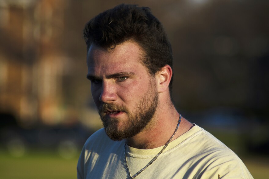 University of Maryland quidditch co-captain and chaser/keeper Mack Morgan catches his breath after a competitive team scrimmage.