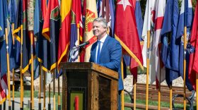 Roger Marshall speaks at Fort Riley in September 2025.