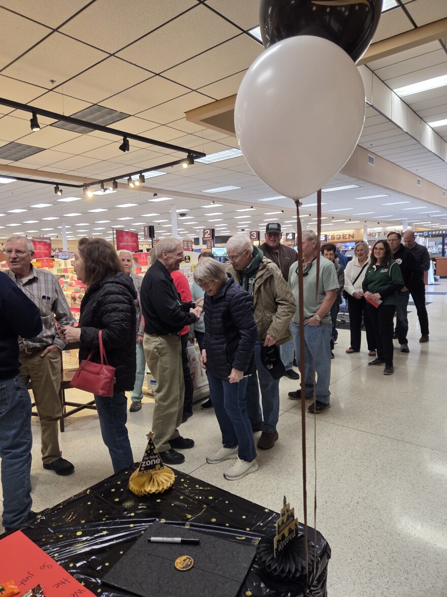 Max Hites greets Lueken's Village Foods customers and coworkers during his retirement celebration in Bemidji on May 1, 2026.