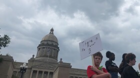 Climate demonstrator Logan Dickinson-Bell (left) holds a sign at the foot of the Kentucky Capitol on Sept. 20, 2019.