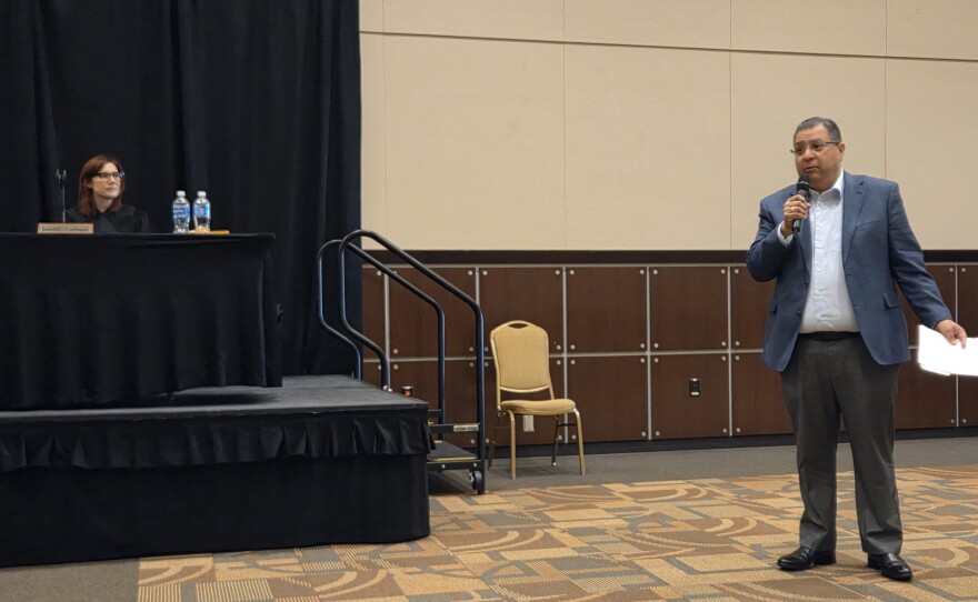 Judge Jessica Palmer-Denig looks on as Bemidji Mayor Jorge Prince presents the city's case of annexation during the public hearing at the Sanford Center on Oct. 8, 2025.