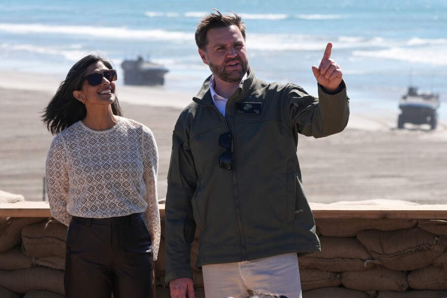 FILE - Vice President JD Vance, right, and second lady Usha Vance watch a demonstration by Marines during activities to mark the upcoming Marine Corps' 250th anniversary Saturday, Oct 18, 2025, on Marine Corps Base Camp Pendleton in Camp Pendleton, Calif. 