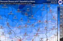 Two maps show the probability of 4" (left) and 6" (right) of snow across parts of Illinois, Indiana, and Iowa for November 29–30, 2025, with higher chances indicated in darker blue areas.