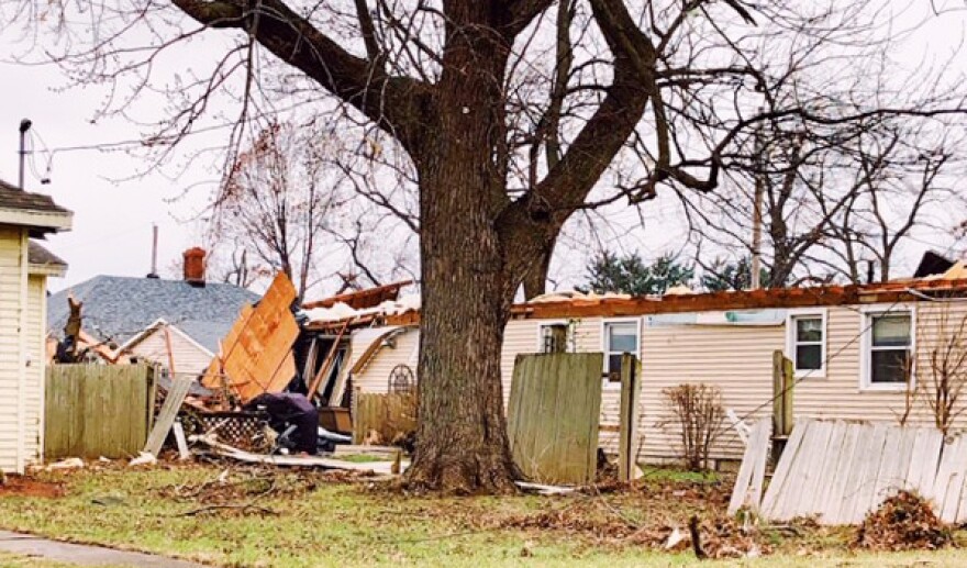 A tornado damaged a residence in Hewittville, Illinois, on Saturday, December 1, 2018.