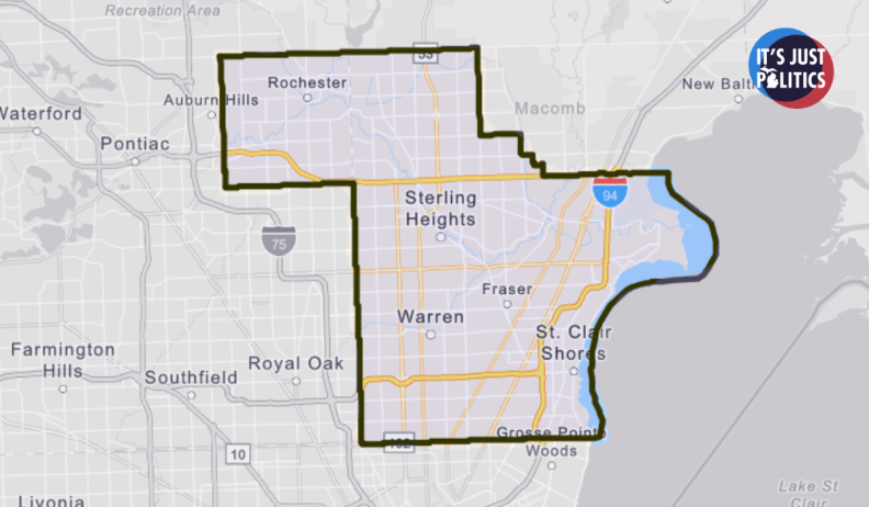 A photo of Michigan's 10th Congressional District. The It's Just Politics logo is in the top right corner.