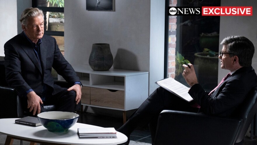 Alec Baldwin and anchor George Stephanopoulos talk during the ABC News special <em>Alec Baldwin Unscripted</em>.