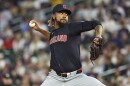 Cleveland Guardians relief pitcher Emmanuel Clase delivers against the Minnesota Twins during the ninth inning of a baseball game, Saturday, Aug. 10, 2024, in Minneapolis.