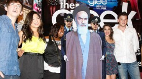 A cardboard cutout of the late Ayatollah Khomeini apparently schmoozing with the cast of Glee.