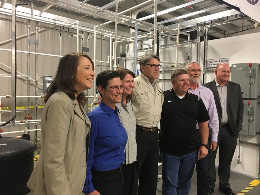 Sen. Maria Cantwell, D-Washington, far left, accompanied Secretary Perry for much of his tour of the Pacific Northwest National Laboratory and Hanford Site. ANNA KING / NORTHWEST NEWS NETWORK