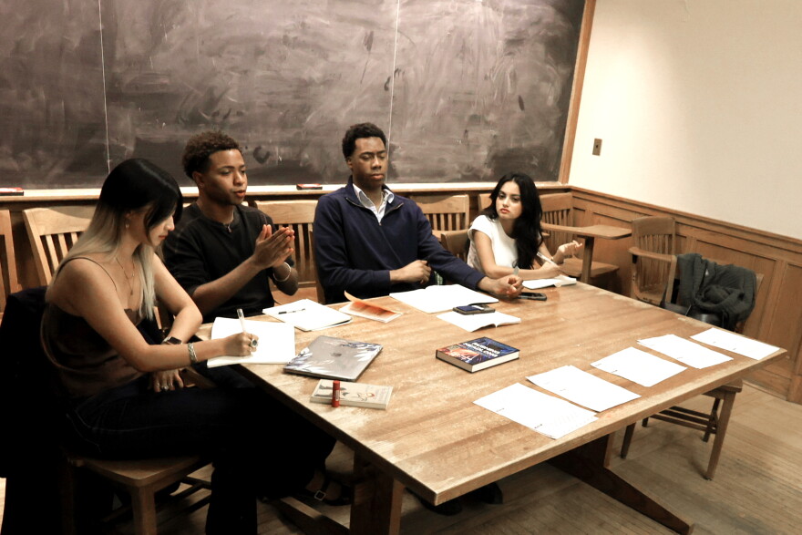 "From left to right: Talia Hsia, Slater Vance, Chin Onwu, and Fabeha Jahra watch as Demi Singleton auditions for Six Degrees of Separation,” October 05, 2026 at the Heritage Production Company at Linsly-Chittenden Hall in New Haven Connecticut.