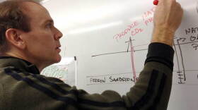 University of Utah Engineering Professor Brian McPherson draws a diagram of a carbon sequestration test.