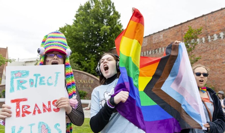 Fourteen-year-old Obsidian Hunt, center, hollers with a Pride flag during an LGBTQ+ Pride rally at Cougar Plaza and subsequent march to Reaney Park on June 21, 2025, in Pullman. 