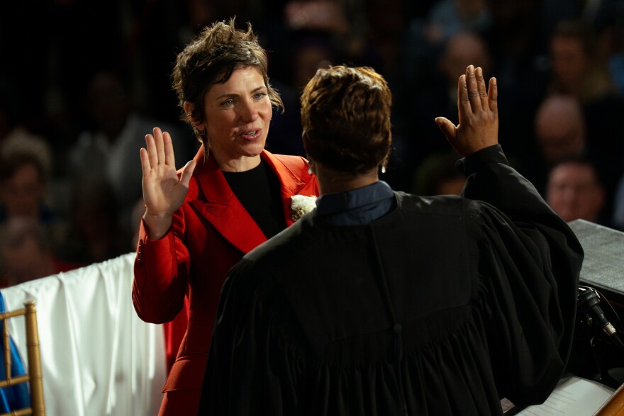 St. Louis Mayor Cara Spencer is ceremonially sworn in as the city's 48th leader by Missouri Supreme Court Judge Robin Ransom on Tuesday, April 15, 2025, at City Hall.