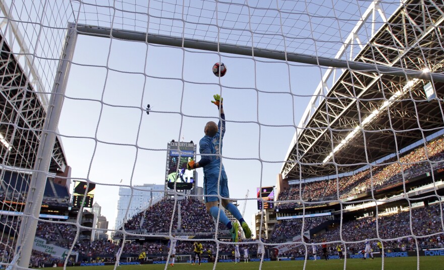 United States goalie Brad Guzan leaps for a shot by Ecuador in the second half of a Copa America Centenario soccer match, Thursday, June 16, 2016 at CenturyLink Field in Seattle.