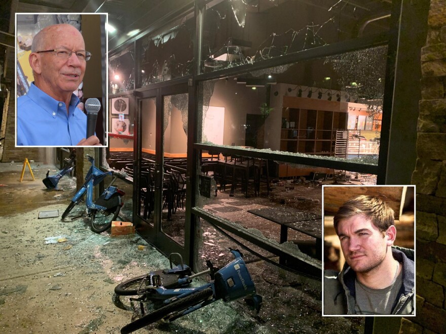 Rep. Peter DeFazio (inset, top left) and Alek Skarlatos (inset, bottom right); photo of trashed business in Eugene after May 29-30 riot.