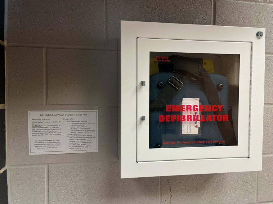 Bath High School posts its emergency action plan next to each of its AEDs around campus.