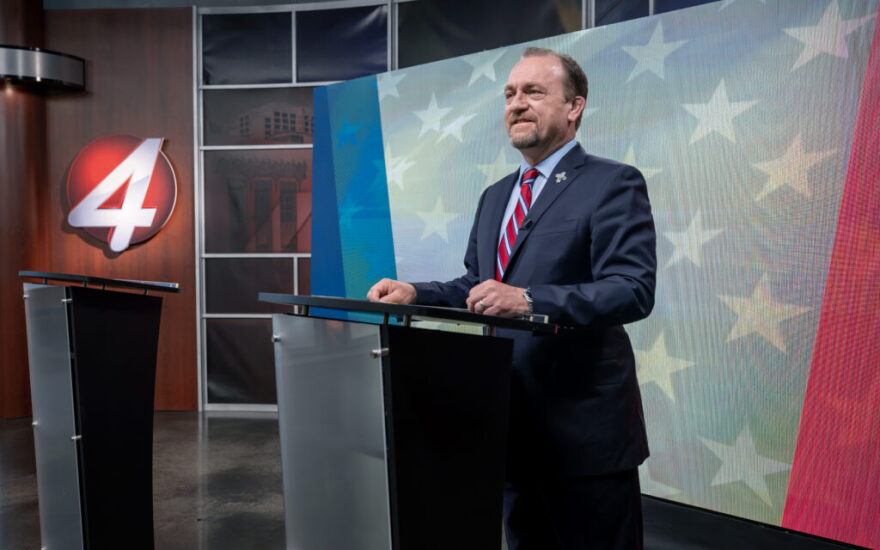 Republican candidate to be New Mexico’s next governor Gregg Hull takes part in a live interview at KOB’s studio, in Albuquerque, Thursday, October 8, 2026. The interview is being held on one of several dates, offered by both side for a debate, that he and Democratic candidate Deb Haaland could not agree on.