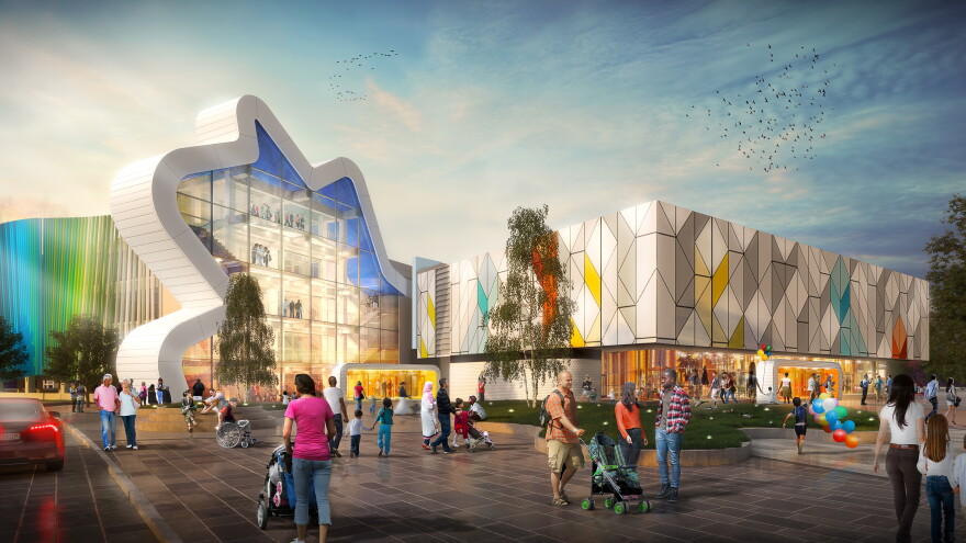 The Strong National MuseuA rendering of The Strong National Museum of Play looking from the new street Adventure Place shows the Portal of Play entrance, a blob-like, glassed-in structure, with the addition and alternate entrance for school bus dropoffs on the right and the parking garage in the backgroundm of Play expansion rendering