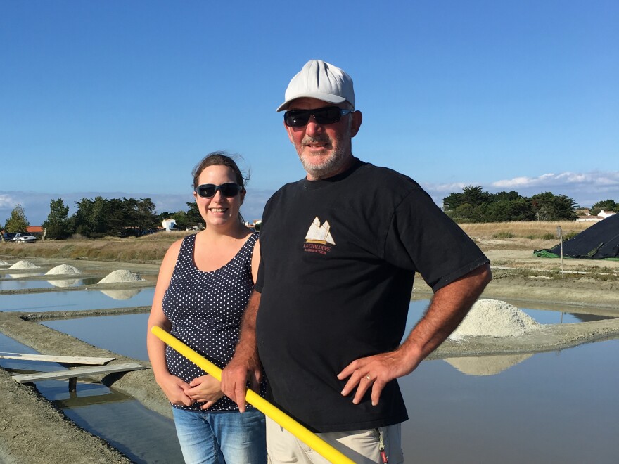 Jessica Tessier, with her father, Jean Pierre, never thought she would become a <em>saunier,</em> but she came back to the island four years ago and stayed because she felt life was so pleasant.