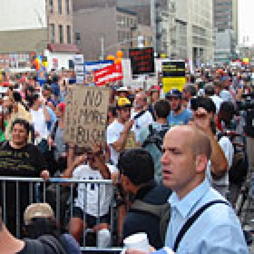 Protesters against President Bush's policies gather in the streets in New York.