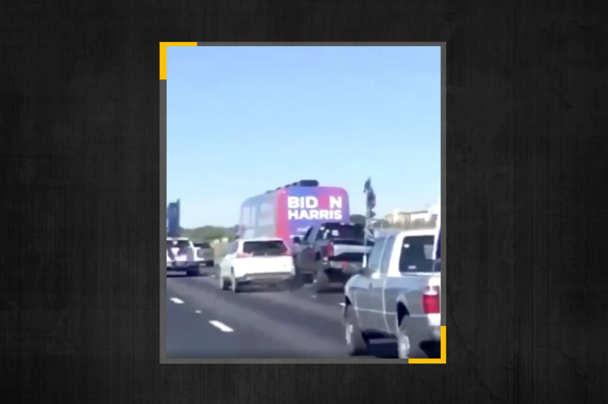 A Twitter user captured the moment a truck and a vehicle collided as the Biden-Harris presidential bus tour was being followed by a caravan of Trump supporters on Interstate 35, in Hays County, on Friday.