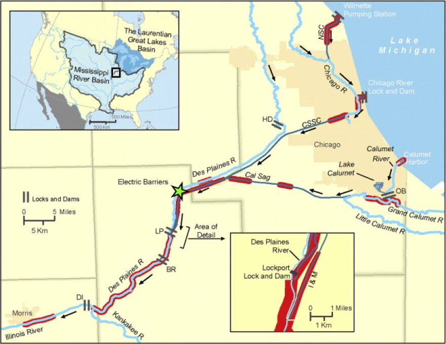 Asian carp DNA detections (red) in the Chicago waterways upstream and downstream of the electric fish barriers in 2009 and 2010, according Jerde et al., 2011.