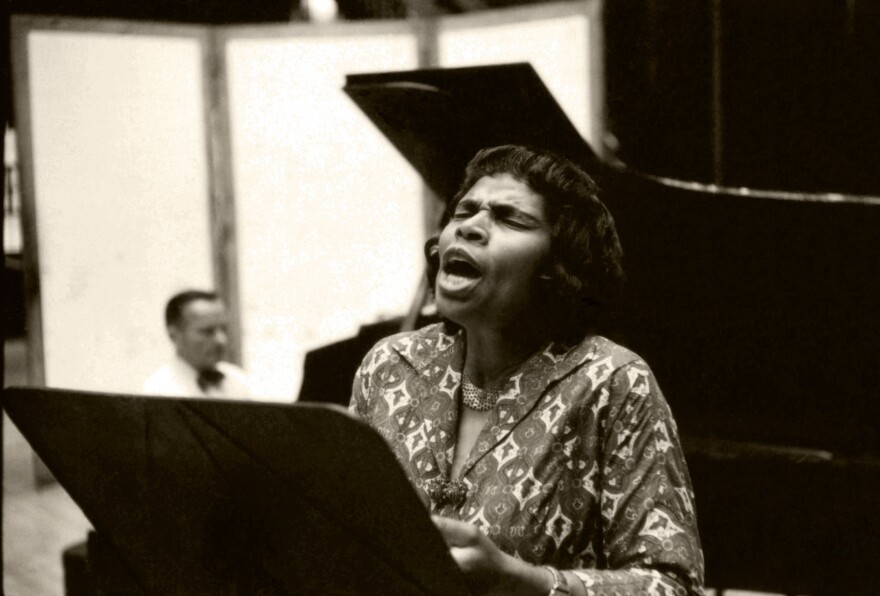 Marian Anderson recording at Webster Hall with her accompanist Franz Rupp in August 1961.