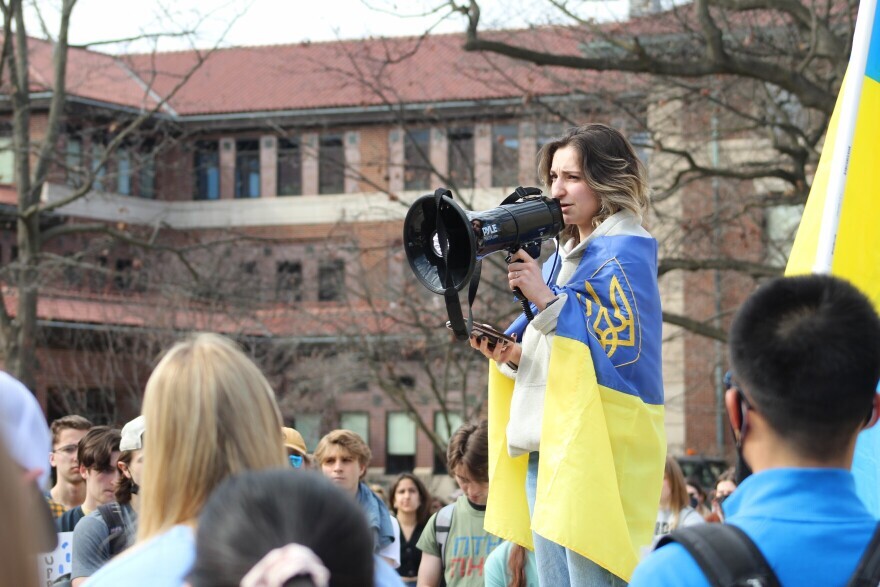 Students held a march in support of Ukraine earlier this year. Now the university is bringing Ukrainian scholars to campus