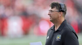 Ohio's head coach Brian Smith is seen against Rutgers during an NCAA football game on Thursday, Aug. 28, 2025, in Piscataway, N.J. (AP Photo/Gregory Payan)